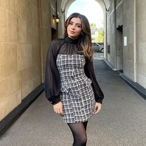 ZARA NEW TEXTURED COMBINATION ORGANZA TWEED SHORT DRESS LONG SLEEVES BLACK WHITE